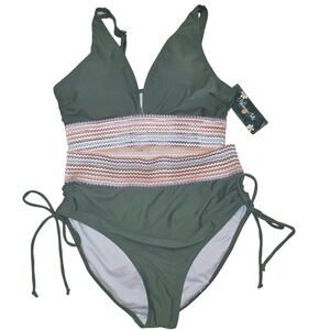 Blooming Jelly Womens Olive Green High Waisted Bikini Set Crochet Trim Size M